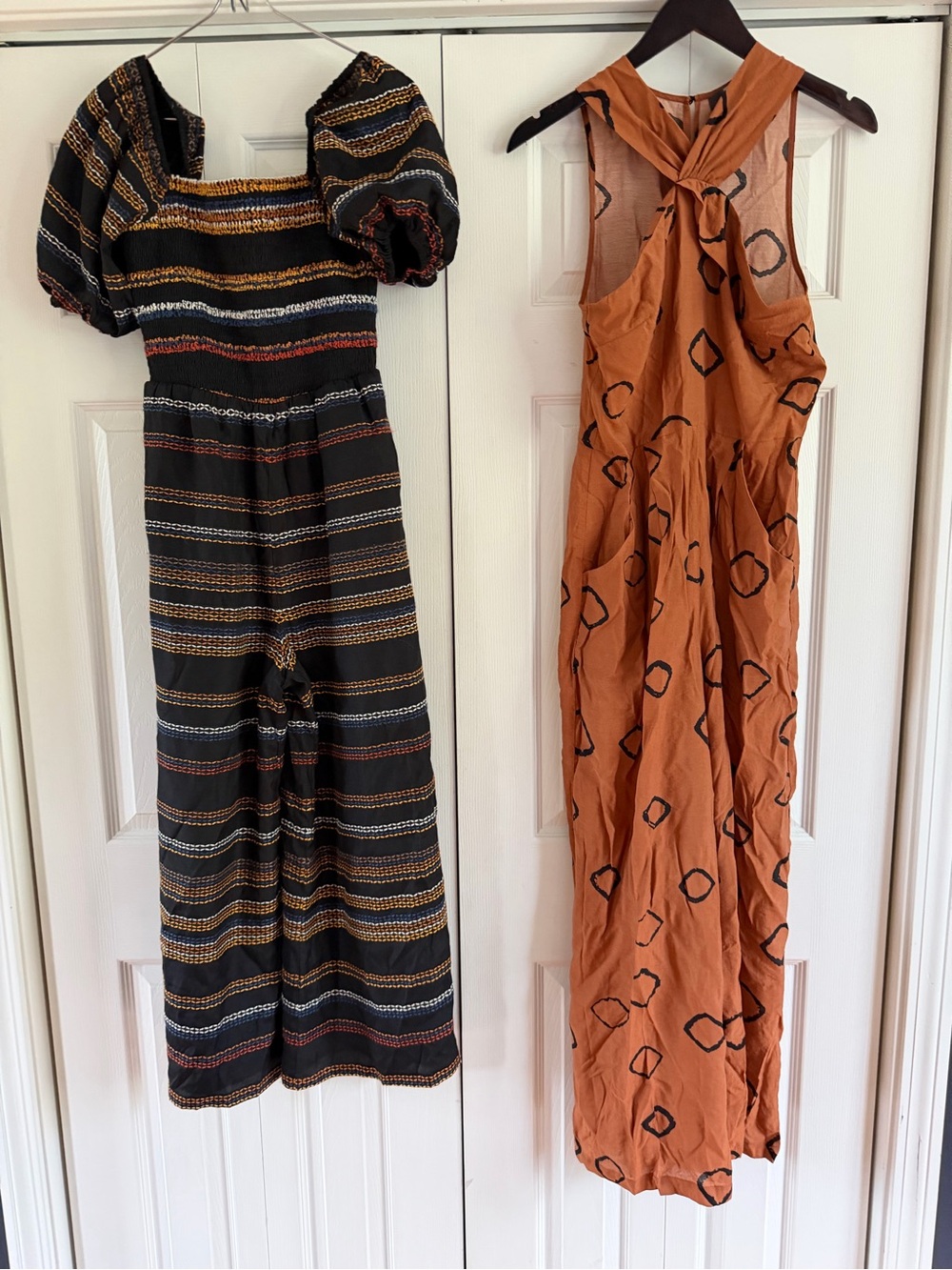 Hutch Rust Orange Sleeveless Maxi Jumpsuit with Black Diamond Print PAIR!!